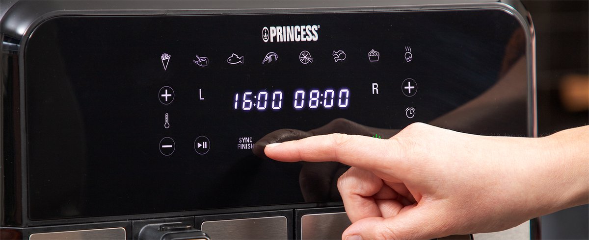 Afbeelding 3 van Princess Double Basket Airfryer 182074 - Dubbele Airfryer - 9 liter - 2 manden - XL - 8 programma's- 2400W - Dubbele heteluchtfriteuse - PFAS vrij - Touchscreen - RVS/Zwart - Sync functie