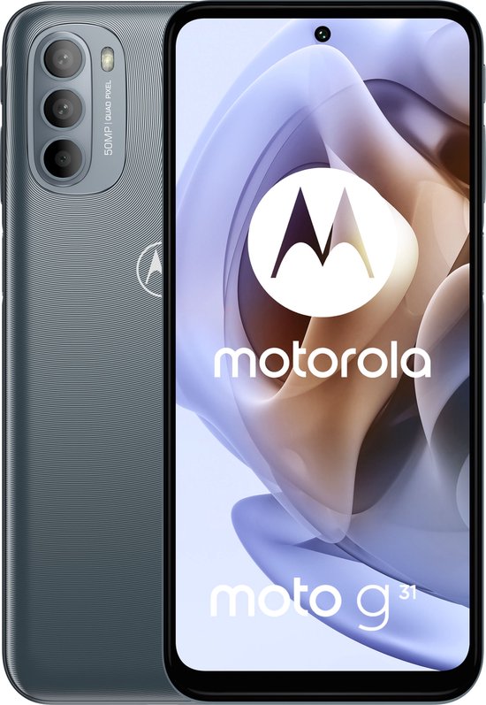 Motorola Moto g31 smartphone in grijs/paars, met een golvend patroon aan de achterkant en een 50MP Quad Pixel camera. De voorkant toont het scherm.