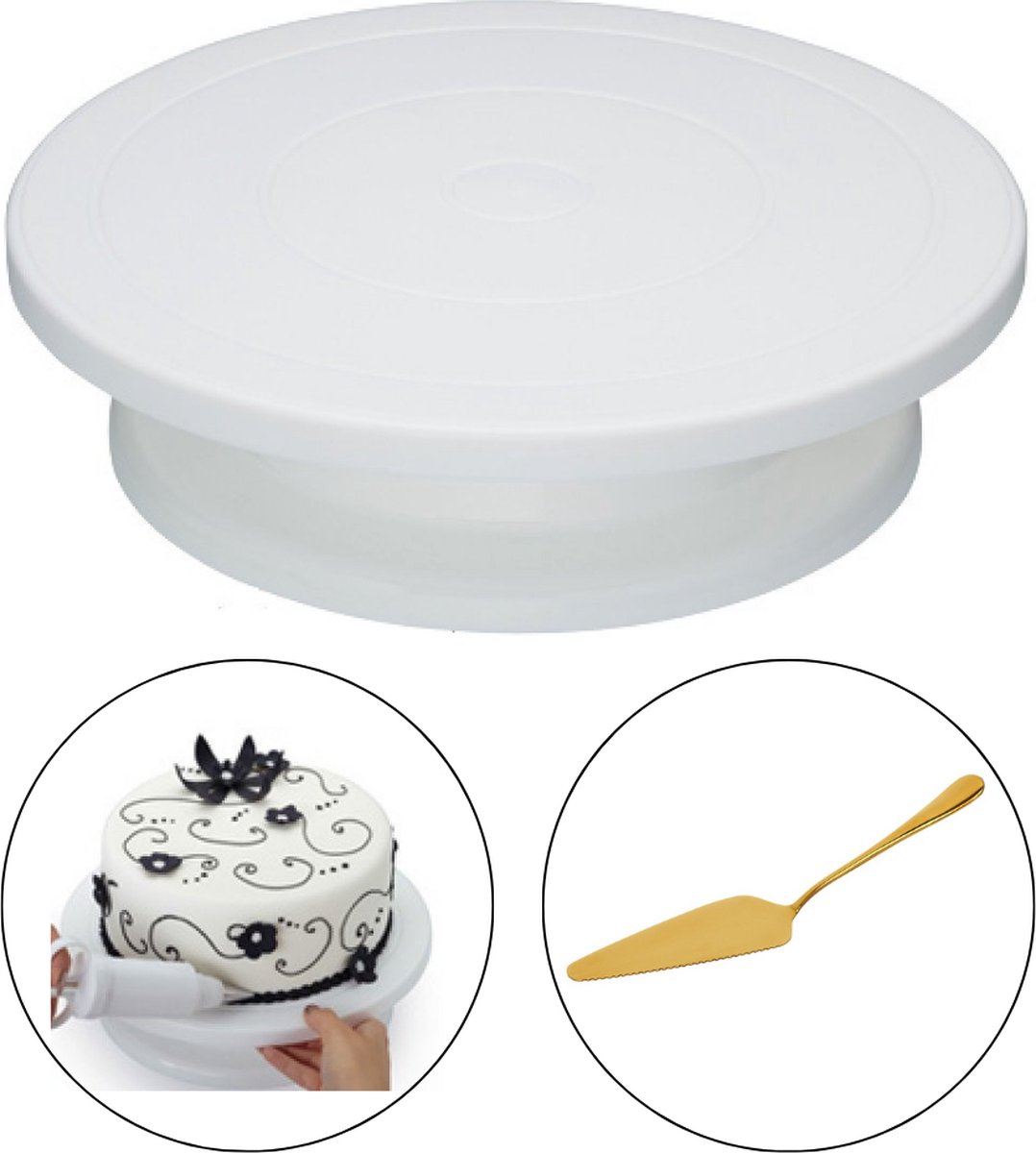 Draaiplateau Taart – Draaibaar Taartplateau – Cake Turntable – Roterend – Wit – Ø28 cm – Met Gouden Taartschep