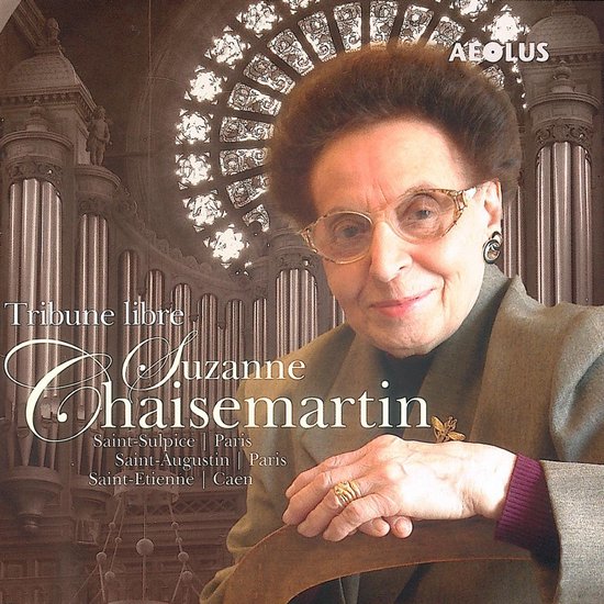 Cd-hoes met een portret van Suzanne Chaisemartin, met een orgel op de achtergrond.
