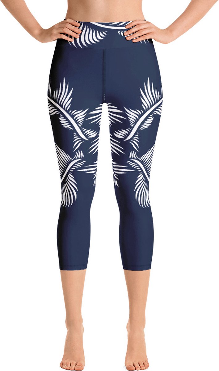 Sportlegging - Capri 3/4 - design Lines 4 Peace - High Waist - Dry Fit - High Performance - 4way stretch - unieke print - UPF 50+ - Hardloop - Yoga - Fitness - Dans - Pilates - Training - sportbroek - marineblauw wit - dames- maat S van Merkloos — afbeelding 2
