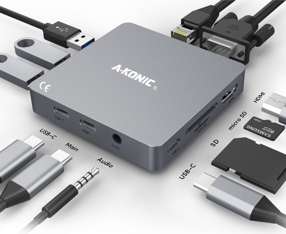 AKonic 11in1 USBC docking station HDMI VGA 100W USB C opladen