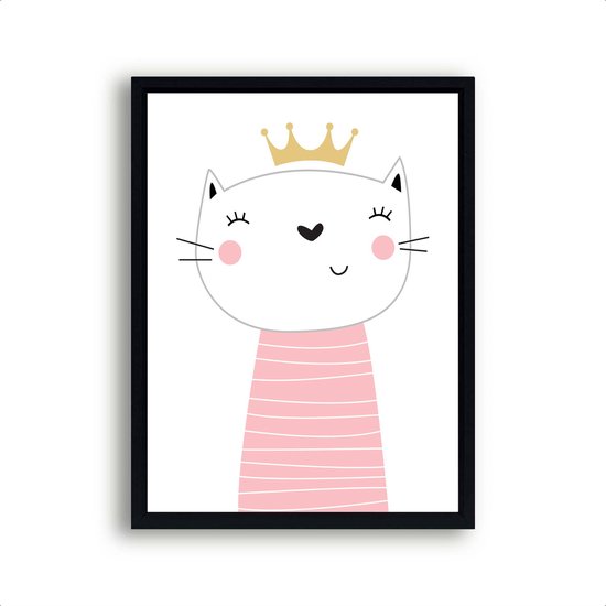 Poster lief poesje met kroontje koningin - roze / Dieren / Babykamer - Kinderkamer poster / 50x40cm