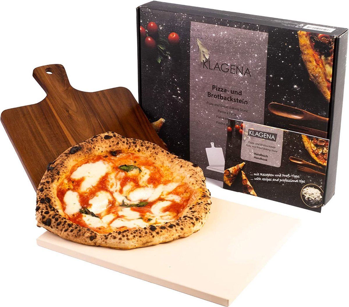 Gourmeo Pizzasteenset met bamboe schep, 38 x 30 cm vierkant, cordierite pizzasteen voor oven, gasgrill en grill, gelijkmatige warmteverdeling en eenvoudige reiniging