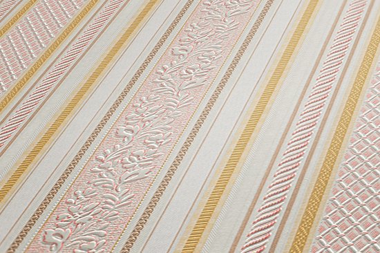 Strepen behang Profhome 765659-GU papier behang licht gestructureerd met strepen mat rood goud wit 5,33 m2 - Profhome
