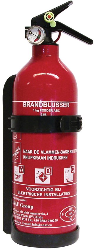 Rode brandblusser, 1kg poeder ABC, met zwarte houder en duidelijke instructies.