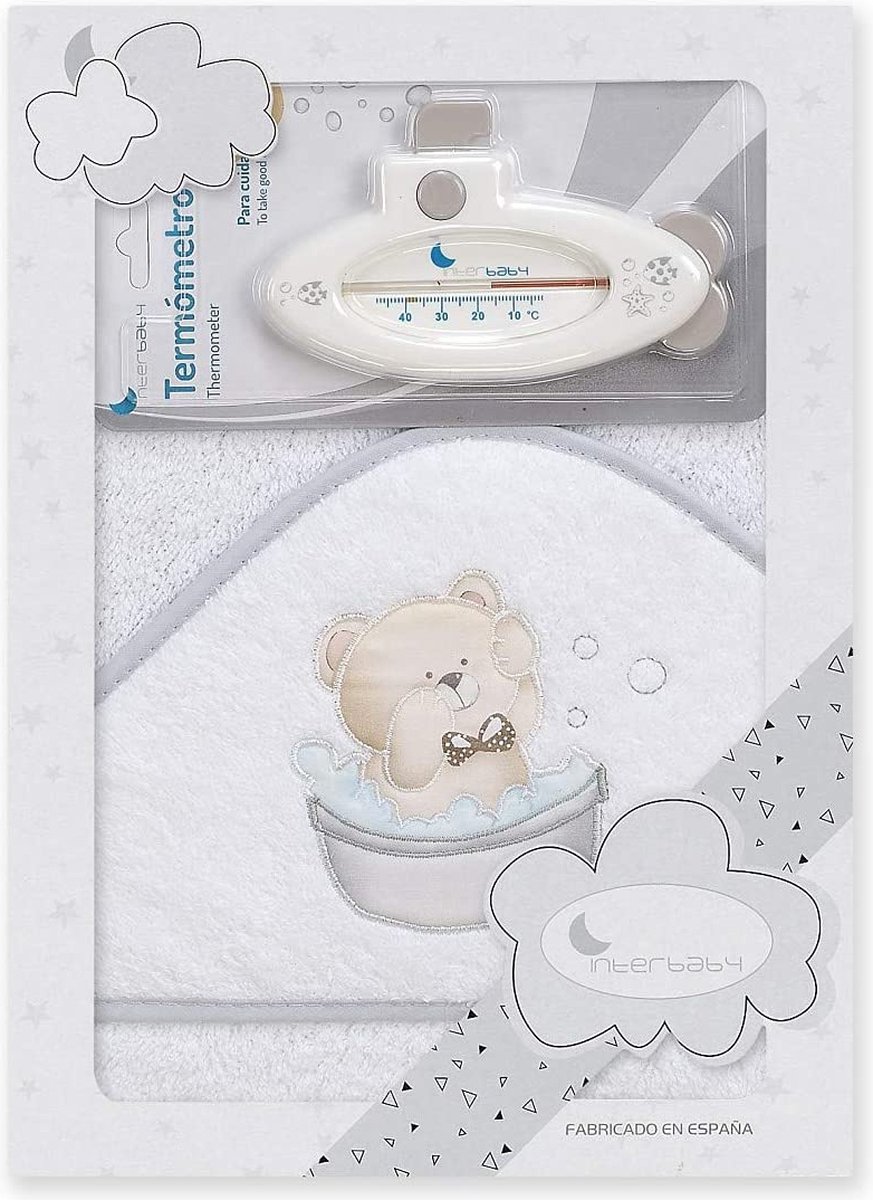 Interbaby Teddy Badcape Met Thermometer 100 Cm Wit/grijs