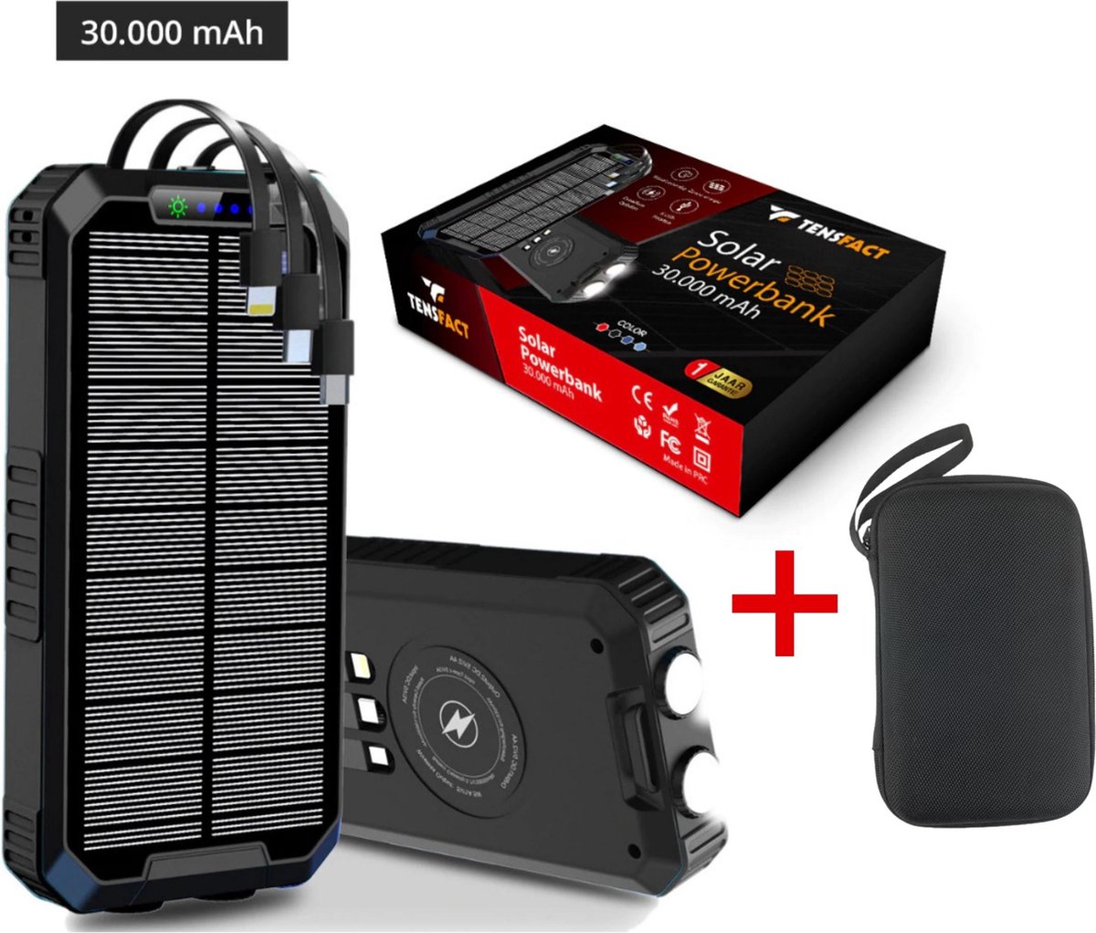Tensfact® Solar Powerbank 30000 mAh Wireless Charger - met USB C Micro USB en Lightning - Zwart