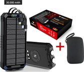 Tensfact® Solar Powerbank 30000 mAh Wireless Charger - Powerbank Iphone & Samsung - met USB C Micro USB en Lightning - Zwart
