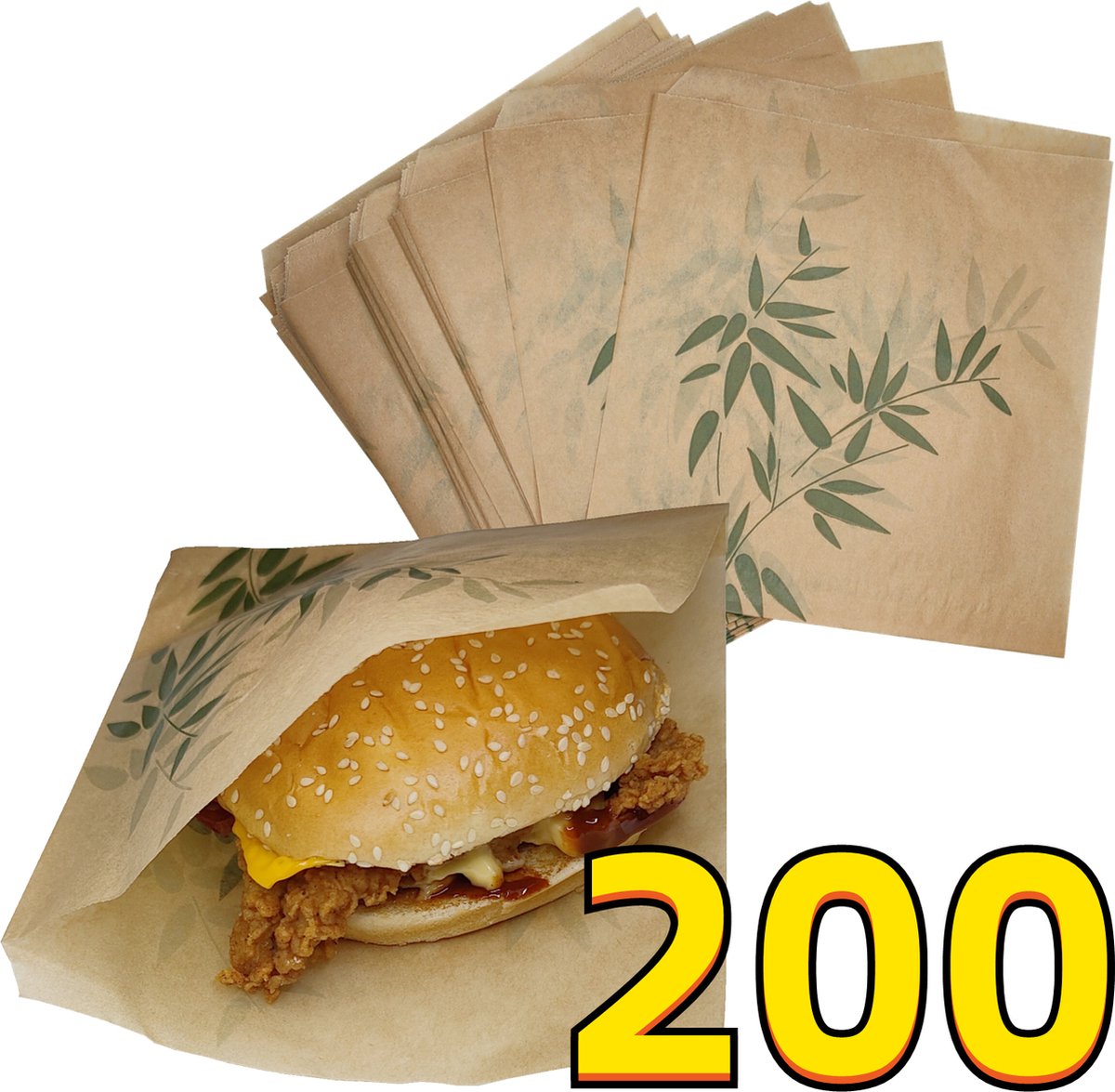 Rainbecom - 200 Stuks - 19 x 17 cm - Hamburger Zakje Papier - Vetvrij Papier - Papieren Zak voor Sandwiches - Bamboe
