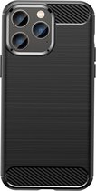 iPhone 14 Pro Max Hoesje - MobyDefend TPU Gelcase - Geborsteld Metaal + Carbonlook - Zwart - GSM Hoesje - Telefoonhoesje Geschikt Voor iPhone 14 Pro Max