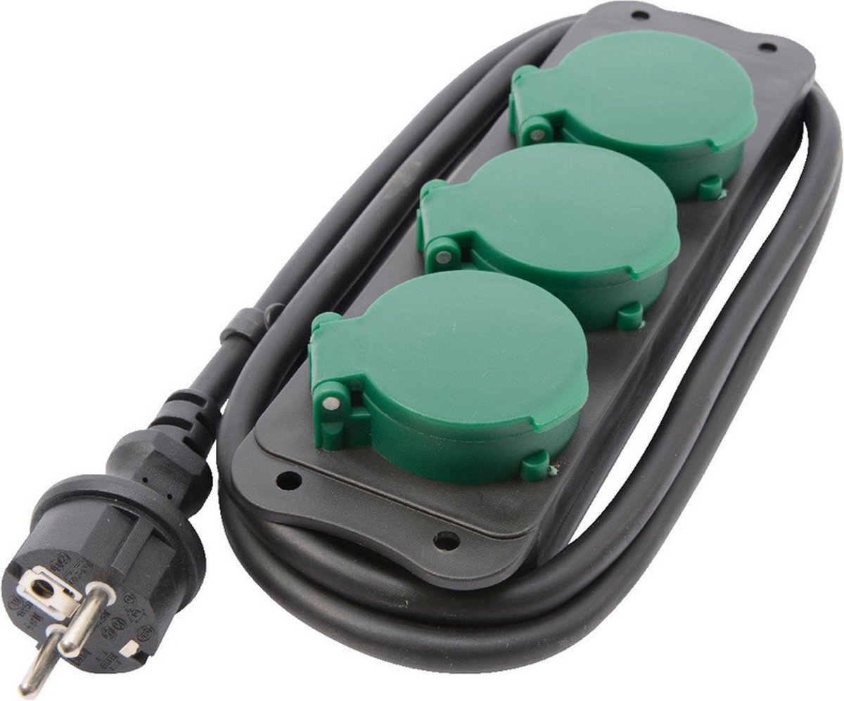 Lumineo Stekkerdoos - zwart/groen - 3-voudig - 1,5 meter snoer - 3680W - weerbestendig - waterproof