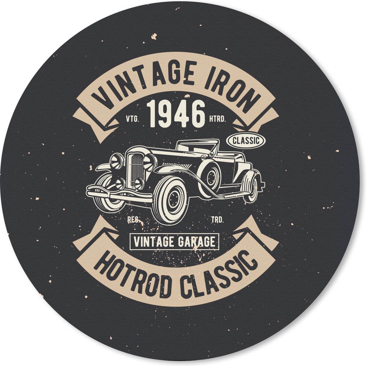 Muismat rond 40x40 cm - Mousepad Mancave - Auto - Zwart - Vintage - Ronde muismatten