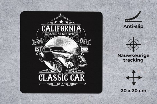 Muismat 20x20 cm - Mousepad Mancave - Auto - Vintage - Zwart - Wit - Muismatten