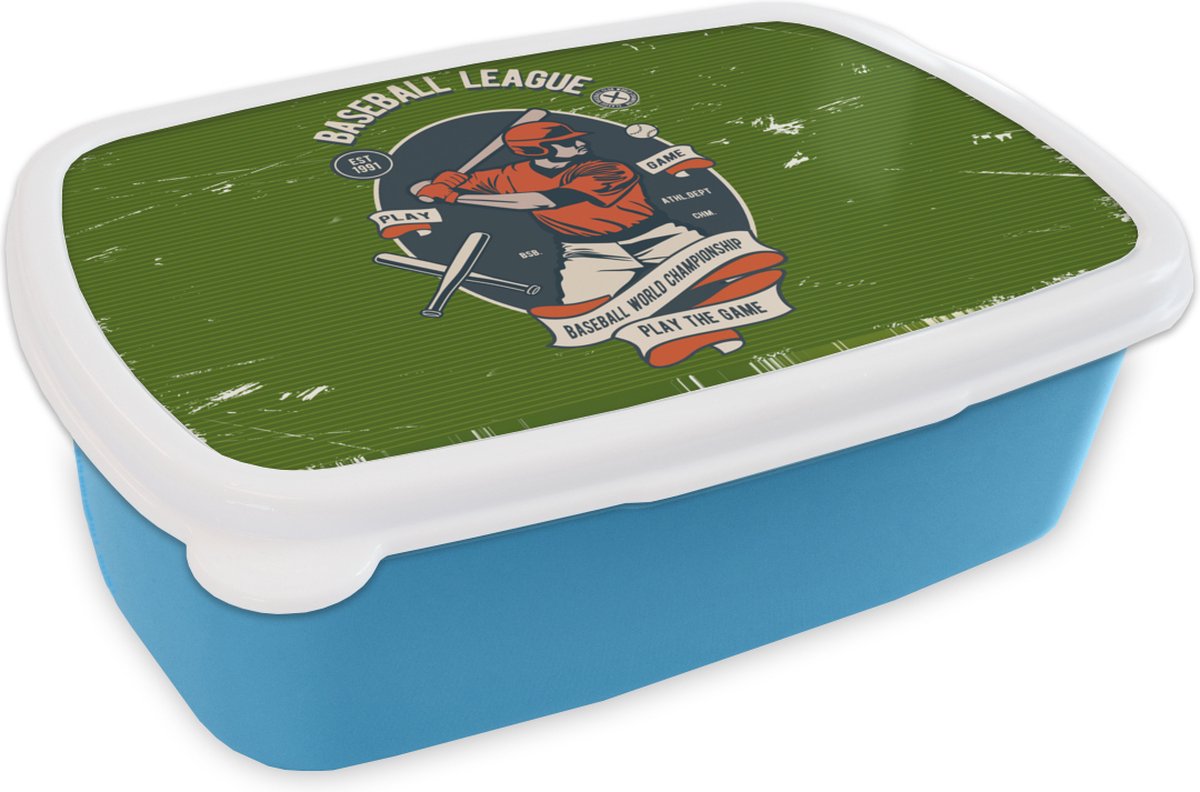 Broodtrommel Blauw - Lunchbox - Brooddoos - Baseball - Honkbal - Retro - 18x12x6 cm - Kinderen - Jongen