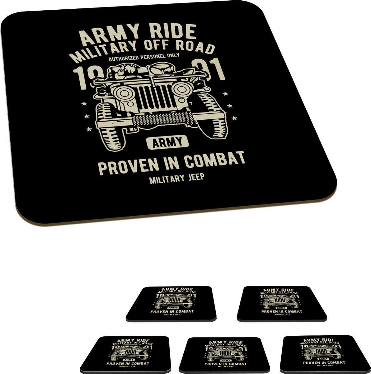 Onderzetters voor glazen - Mancave - Leger - Auto - Retro - 10x10 cm - Glasonderzetters - 6 stuks