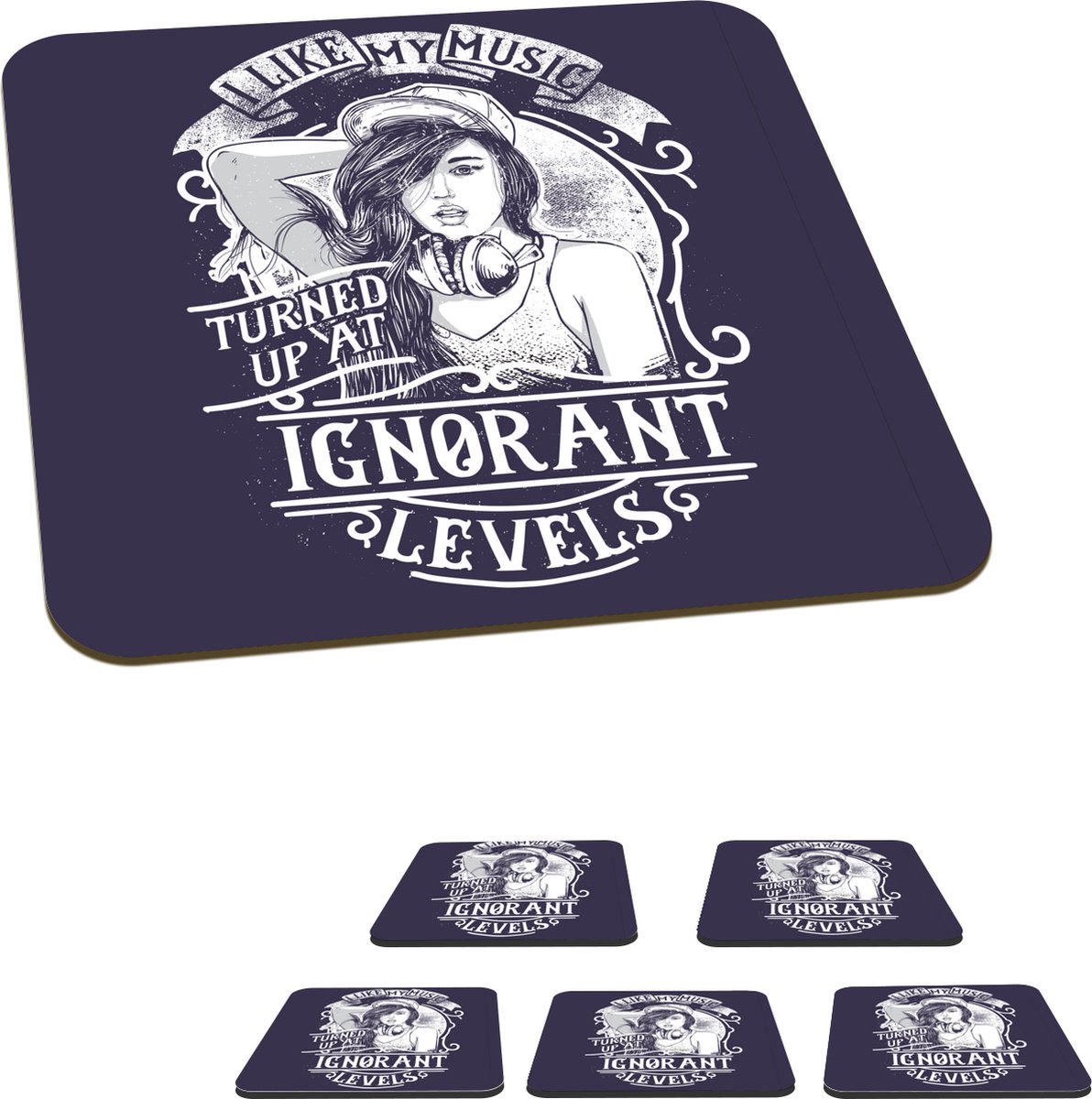 Onderzetters voor glazen - Vrouwen - Koptelefoon - Retro - Quote - 10x10 cm - Glasonderzetters - 6 stuks