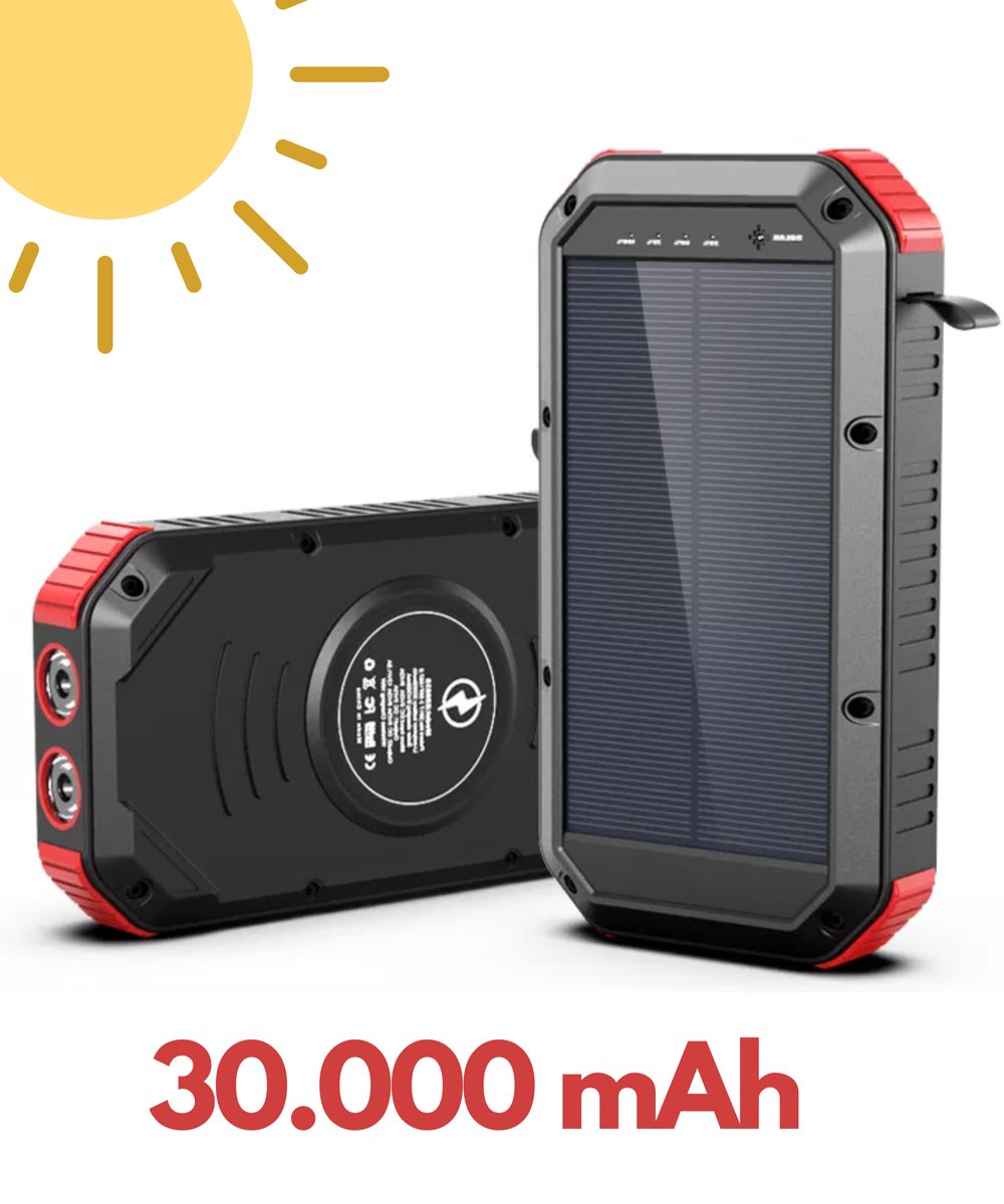 Solar charger - Powerbank - Oplader - 30.000mAh - Zonne-energie - Draadloos opladen - Incl LED verlichting - Powerbank - 4x USB Output - USB C