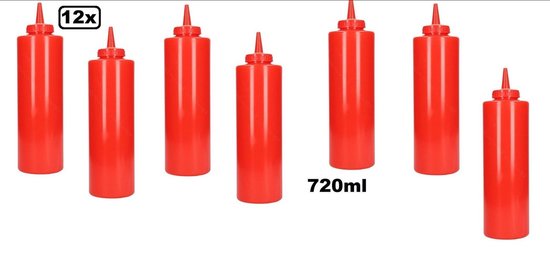 Foto: 12x knijpfles rood 720ml mayonaise ketchup mosterd saus knijp fles festival snack thema feest garneerfles sausfles doseerfles