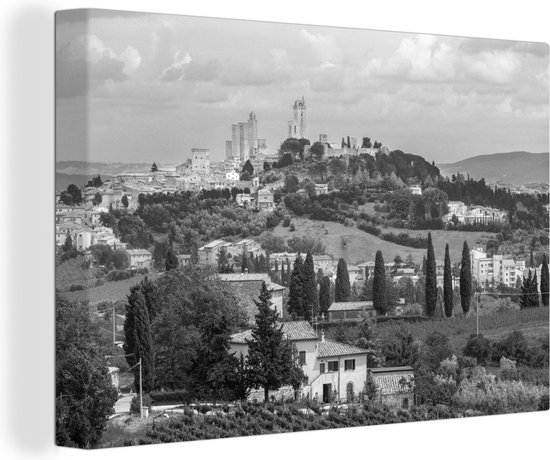 Peinture sur toile 150x100 cm - Décoration murale Les collines de San Gimignano en Toscane - noir et blanc - Décoration murale salon - Décoration chambre - Accessoires chambre - Peintures