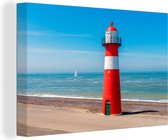 Canvas Schilderij Rood met witte vuurtoren op het strand van Westkapelle in Zeeland, Nederland - 30x20 cm - Wanddecoratie