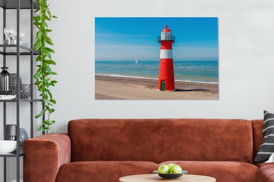 Canvas schilderij 140x90 cm - Wanddecoratie Rood met witte vuurtoren op het strand van Westkapelle in Zeeland, Nederland - Muurdecoratie woonkamer - Slaapkamer decoratie - Kamer accessoires - Schilderijen
