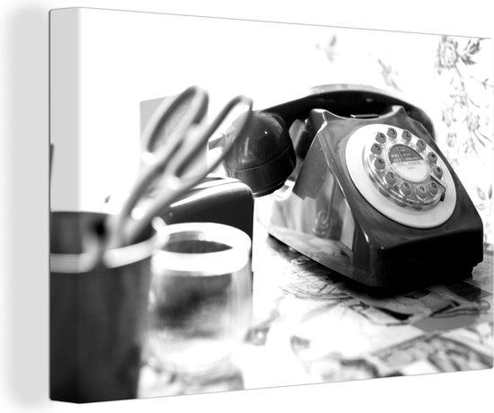 Canvas Schilderij Retro telefoon met draaischijf - zwart wit - 30x20 cm - Wanddecoratie