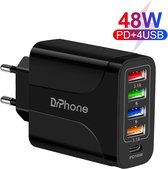 DrPhone HALOXIII - Chargeur Rapide 4 Portes USB 48W + USB-C PD 18W - QC 3.0 & 3.1A Home Charger - Chargeur - Universel - Zwart