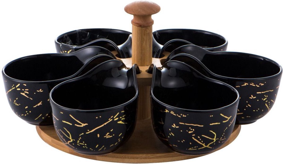 Draaiplateau hout met porselein schaaltjes - Zwart