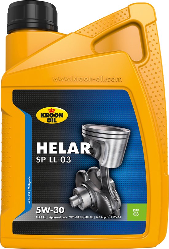 Gele Kroon-Oil Helar SP LL-03 motorolie, 5W-30, met afbeelding van een zuiger en krukas.