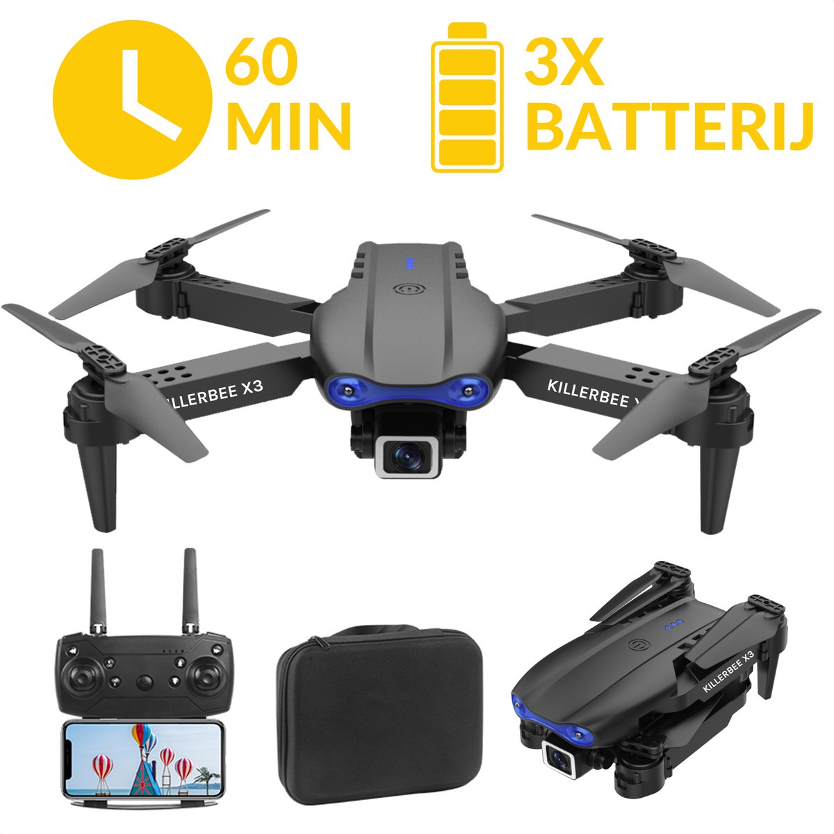 Killerbee X3 Skyhawk Zwart - Quad Drone met camera voor buiten en binnen - Drone voor kinderen en volwassenen - Ultra fly more combo met 60 minuten vliegtijd - inclusief gratis cursus- inclusief opbergtas en 3 accu's.