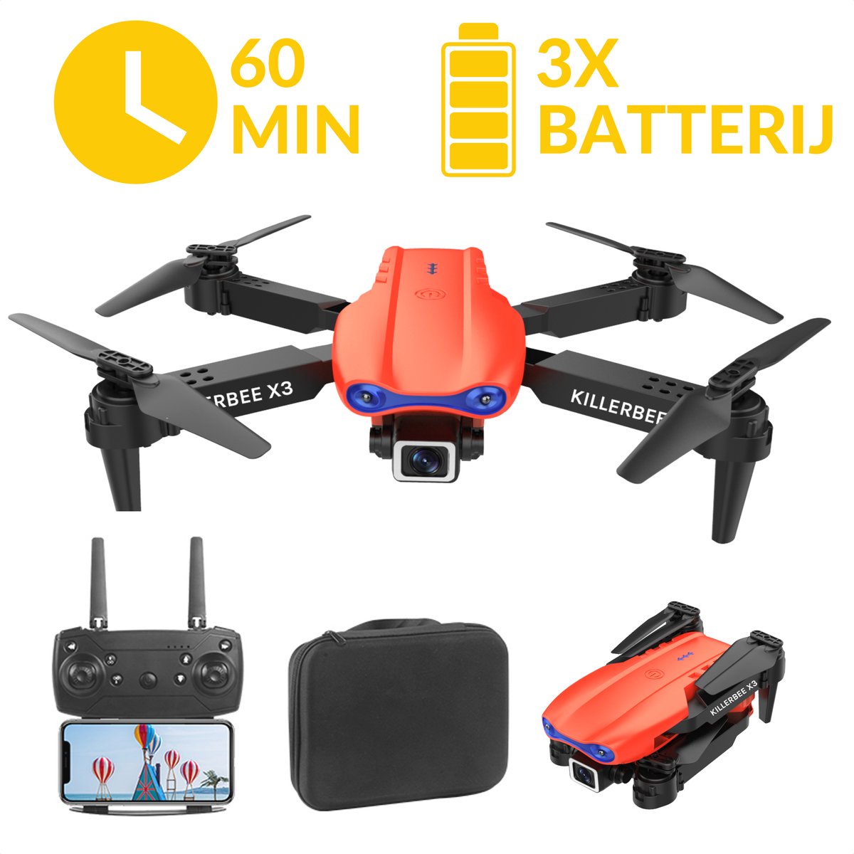 Killerbee X3 Skyhawk Oranje - Quad Drone met camera voor buiten en binnen - Drone voor kinderen en volwassenen - Ultra fly more combo met 60 minuten vliegtijd - inclusief gratis cursus- inclusief opbergtas en 3 accu's.