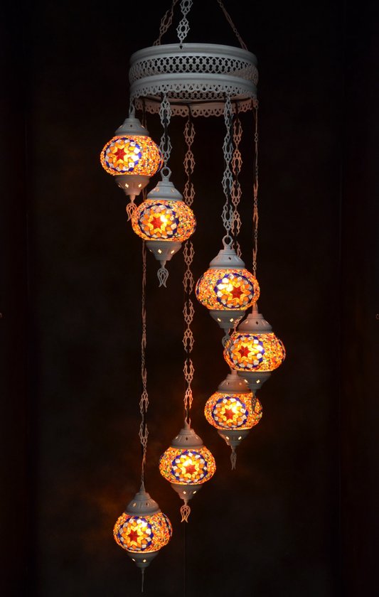 Suspension verre multicolore mosaïque orange Lampe orientale lustre Blanc crème 7 ampoules