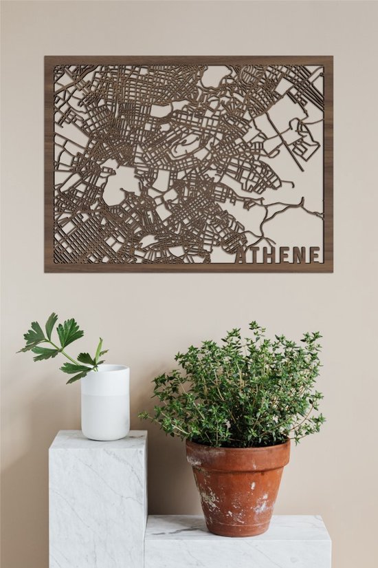 Houten Stadskaart Athene Notenhout 100x75cm Wanddecoratie Voor Aan De Muur City Shapes