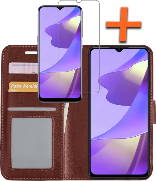 Hoesje Geschikt voor OPPO A16 Hoes Bookcase Flipcase Book Cover Met Screenprotector - Hoes Geschikt voor OPPO A16 Hoesje Book Case - Bruin.