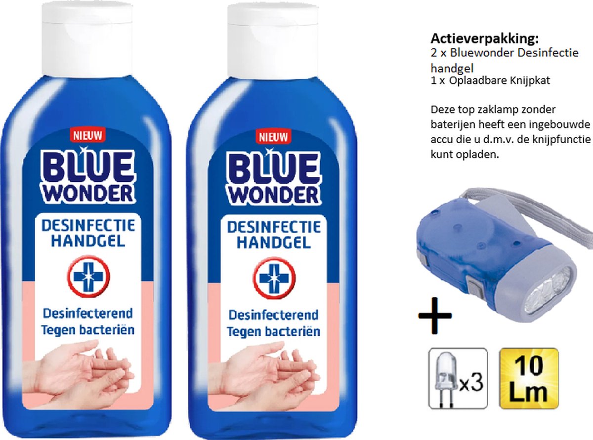 Blue Wonder Desinfectie Handgel - 100 ML - 2 Stuks + Zaklamp/Knijpkat