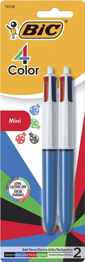 BIC Mini stylos à Ball 4 couleurs, 1,0 mm - blister avec 2 pièces
