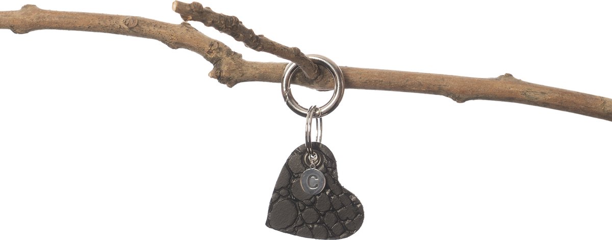 Madhura Bags Sleutelhanger Hart Zwart - Buffelleer- Lichte krokodillenprint - Naamletter C