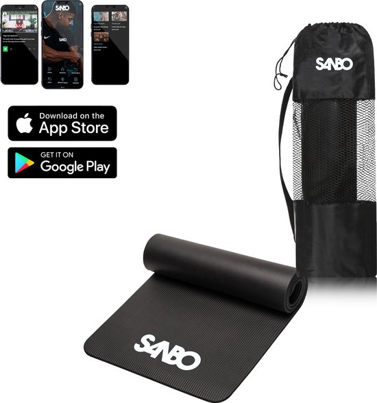 Sanbo Yoga Mat - Incl. Luxe Draagtas - Incl. App Met Uitleg - 183 x 61 x 0,8 cm - Extra Dik 8mm - Waterafstotend - Fitness Mat