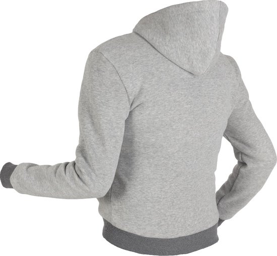 Achterkant van een grijze hoodie met capuchon, gedetailleerd met grijze manchetten.