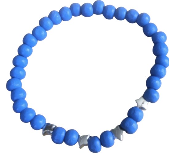 Armband-Blauw -15 cm-Ster-Elastiek-Hout-Charme Bijoux