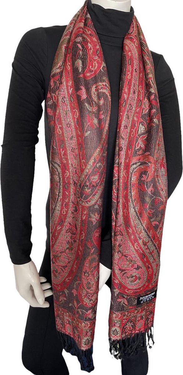 Pashmina Sjaal- Fashion Sjawl Pareo Omslagdoek- Fijn geweven Sjaal 206/3- Rood met zwart roze details