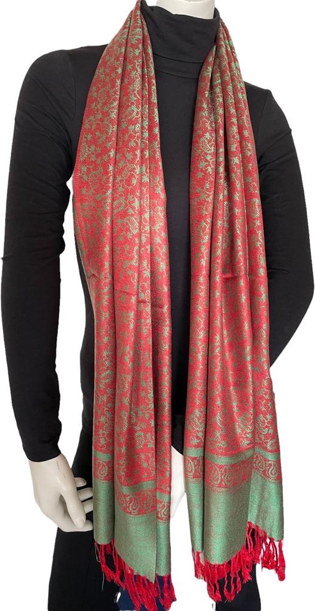 Sjaal dames- Pashmina Sjaal- Fijn geweven trendy Sjaal Omslagdoek 210/5- Rood met Groen