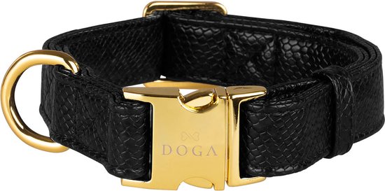 DOGA Hondenhalsband - Halsband - Royal Black - Zwart - Goud - Vegan leer - maat L - bijpassende riem en dispenser mogelijk