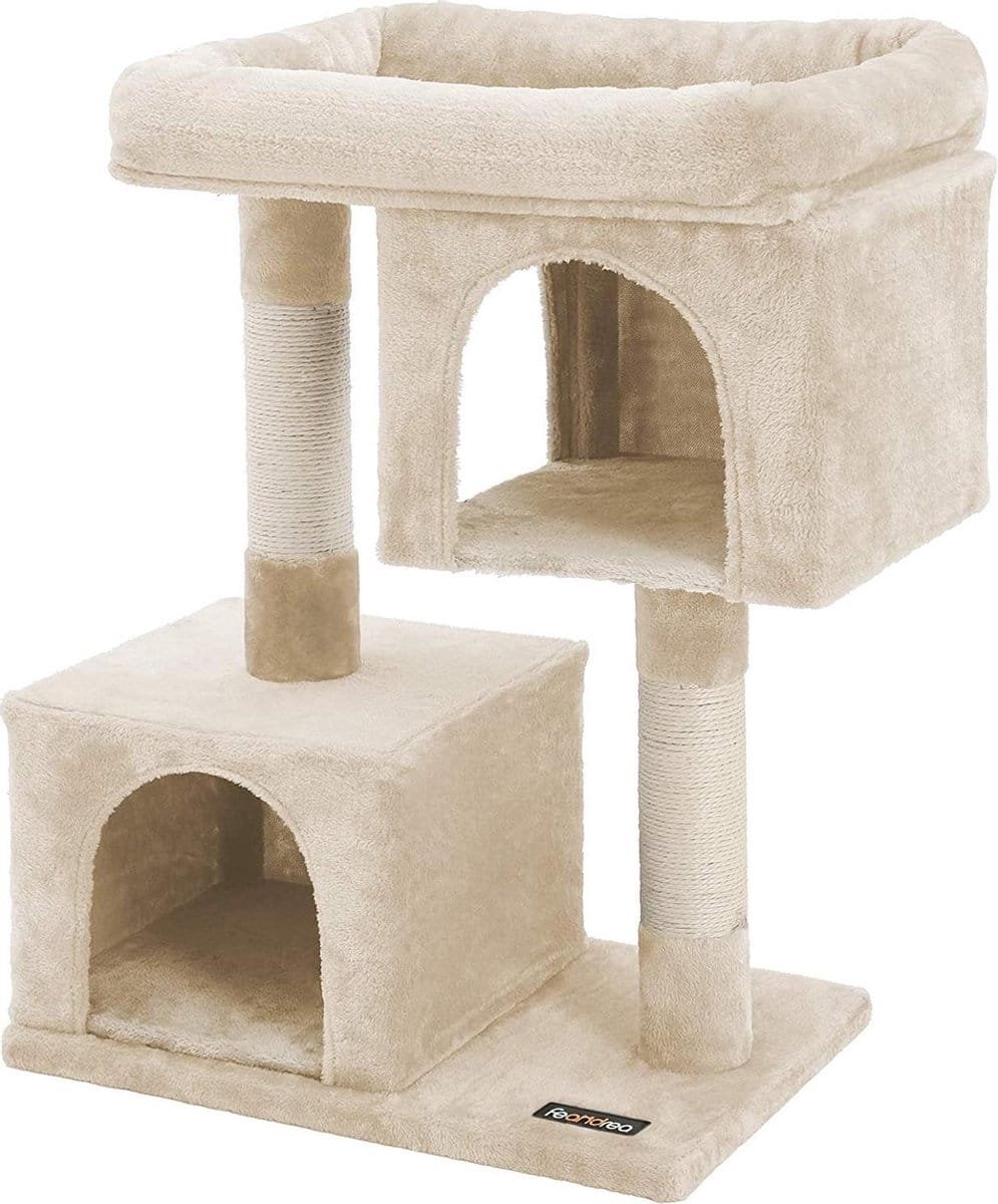 FEANDREA krabpaal met groot platform en 2 pluche grotten speelhuis, klimboom voor katten beige PCT61M