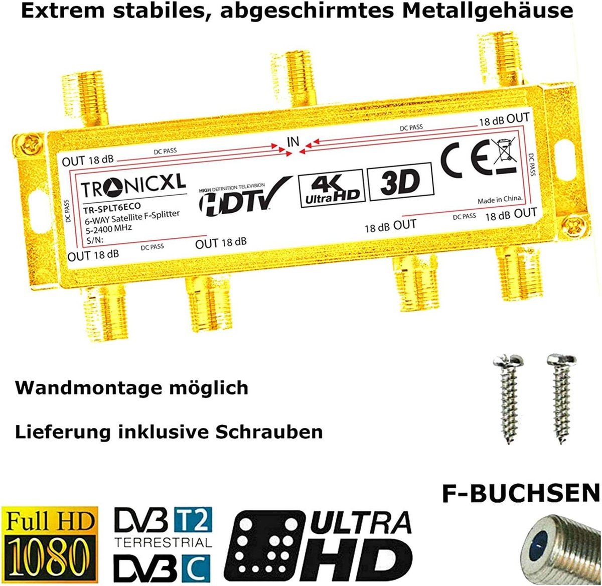 TronicXL 6-voudige BK verdeler, premium tv-kabel, adapter, antenneverdeler, kabeltelevisie, DVBC, bijv. voor Unitymedia, splitter unicable 6-voudig, geschikt voor HD 4K HDTV DC-doorlaat, FM-radio TronicXL 6-voudige BK verdeler, premium tv-kabel, adapter, antenneverdeler, kabeltelevisie, DVBC, bijv. voor Unitymedia, splitter unicable 6-voudig, geschikt voor HD 4K HDTV DC-doorlaat, FM-radio