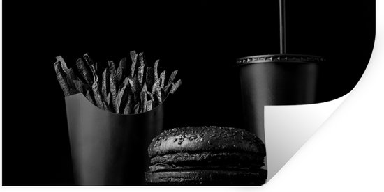 Muurstickers - Sticker Folie - Fastfood maaltijd met een burger en patat in zwart-wit - 160x80 cm - Plakfolie - Muurstickers Kinderkamer - Zelfklevend Behang - Zelfklevend behangpapier - Stickerfolie