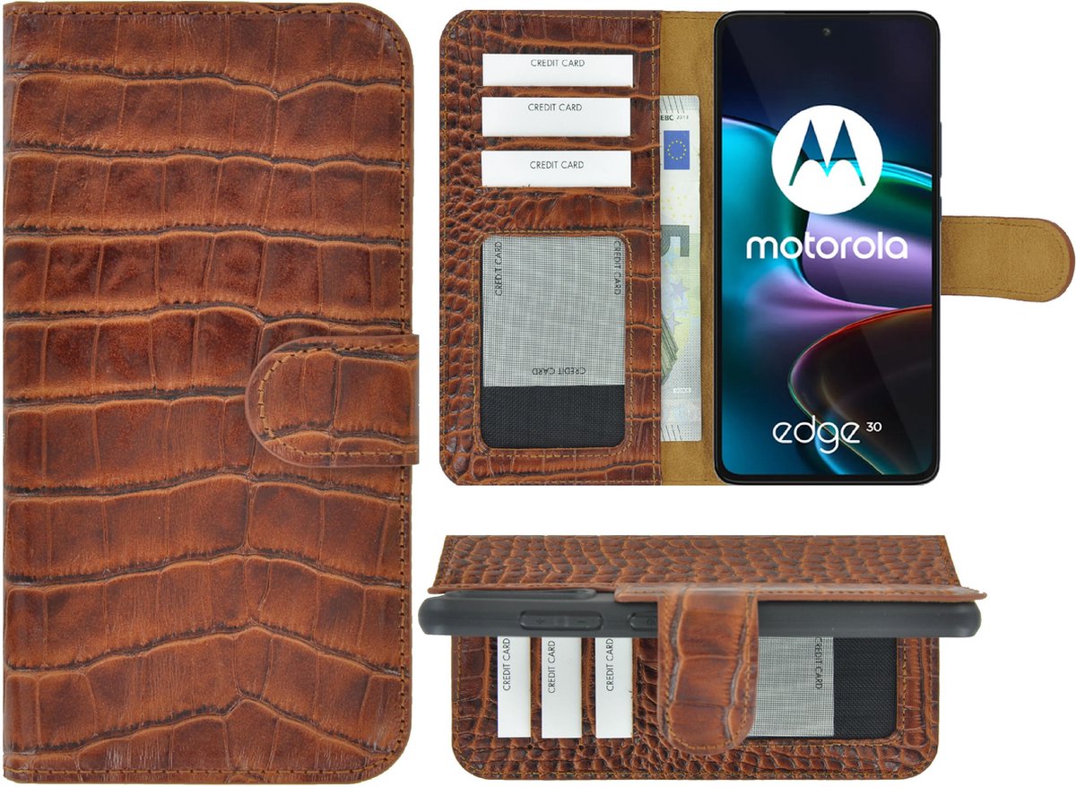 MoDo hoesje voor Motorola Edge 30 - Leer Book Case - Croco kaneelbruin