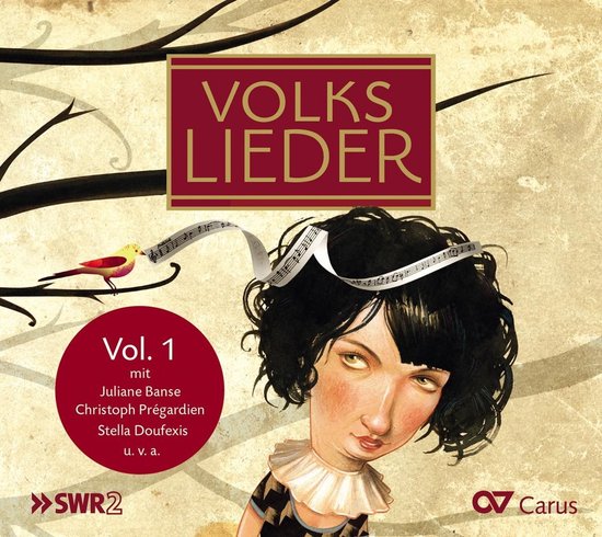 Volkslieder Vol. 1 albumhoes met illustratie van jong meisje, vogel, muziekpartituur. Met namen van artiesten.