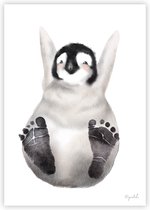 Voetafdruk baby – Pinguïn – A4 Poster babykamer – Geboorte cadeau – Babyshower – Complete set met reserveposter, instructies en een inktkussen